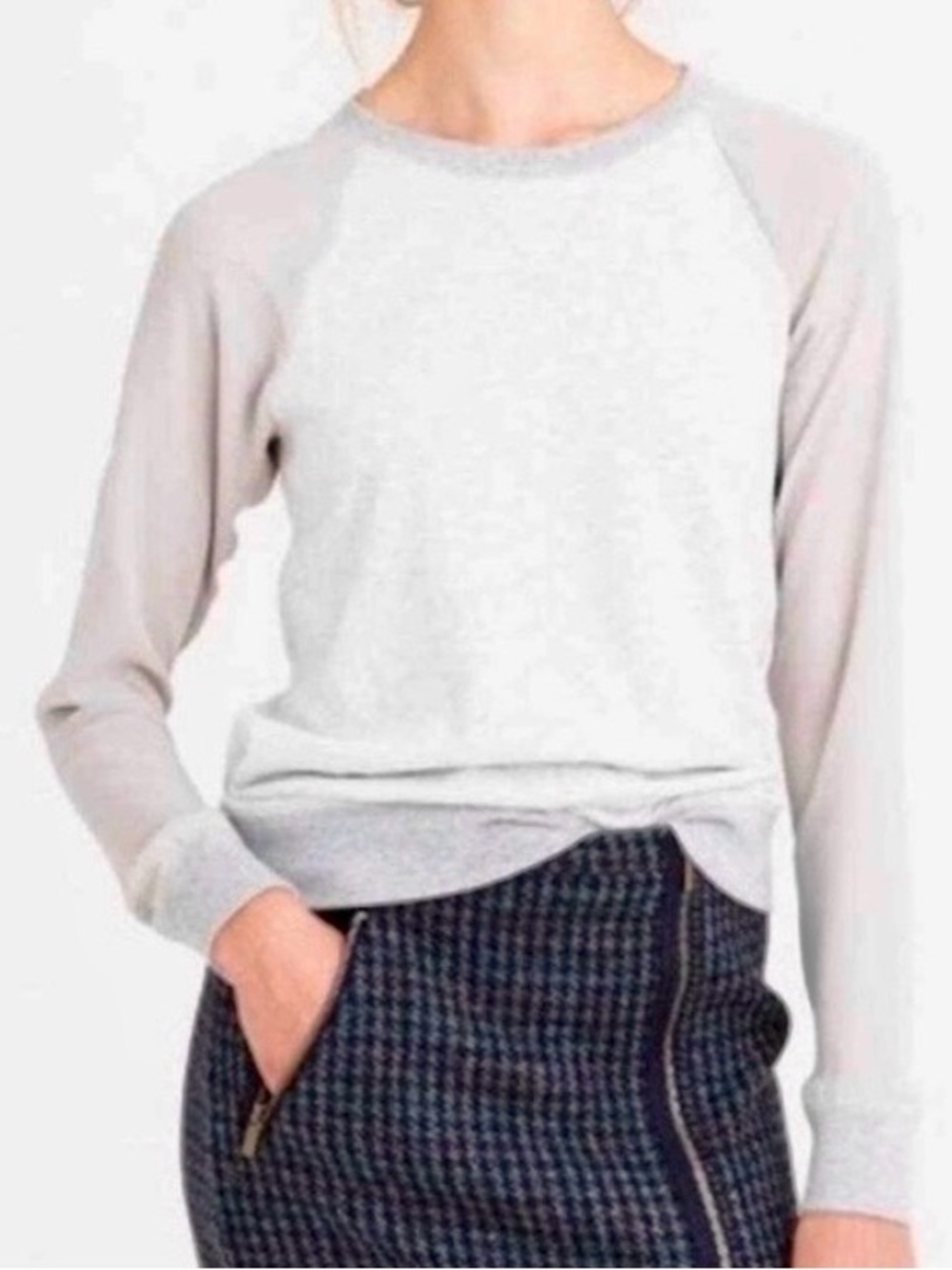 J. Crew Grey Sheer Chiffon Sleeve versatile Crewneck Sweatshirt size XL